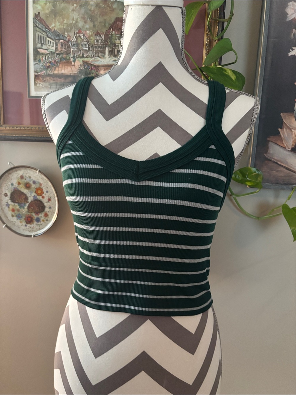 Striped Dark Green Ribbed Tank Top